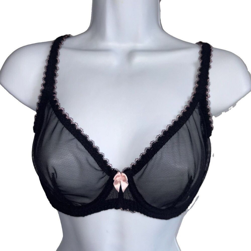 Agent Provocateur Black Sheer Mesh Underwire Bra Pink Lace Trim Bow 36D Vintage